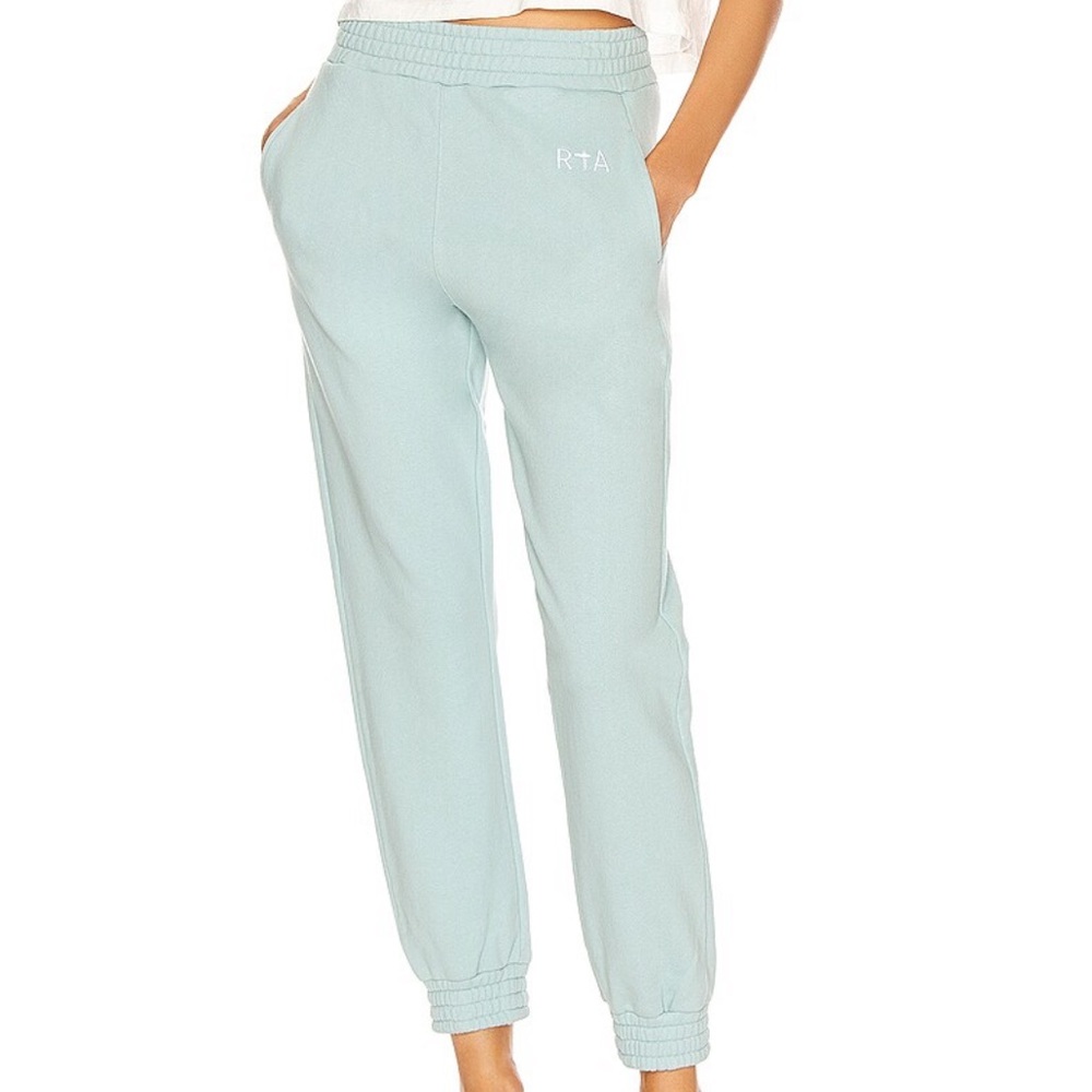 $295 RTA Denim S Sydney Classic Sweatpant in Mint Logo Embroidery Joggers Lounge